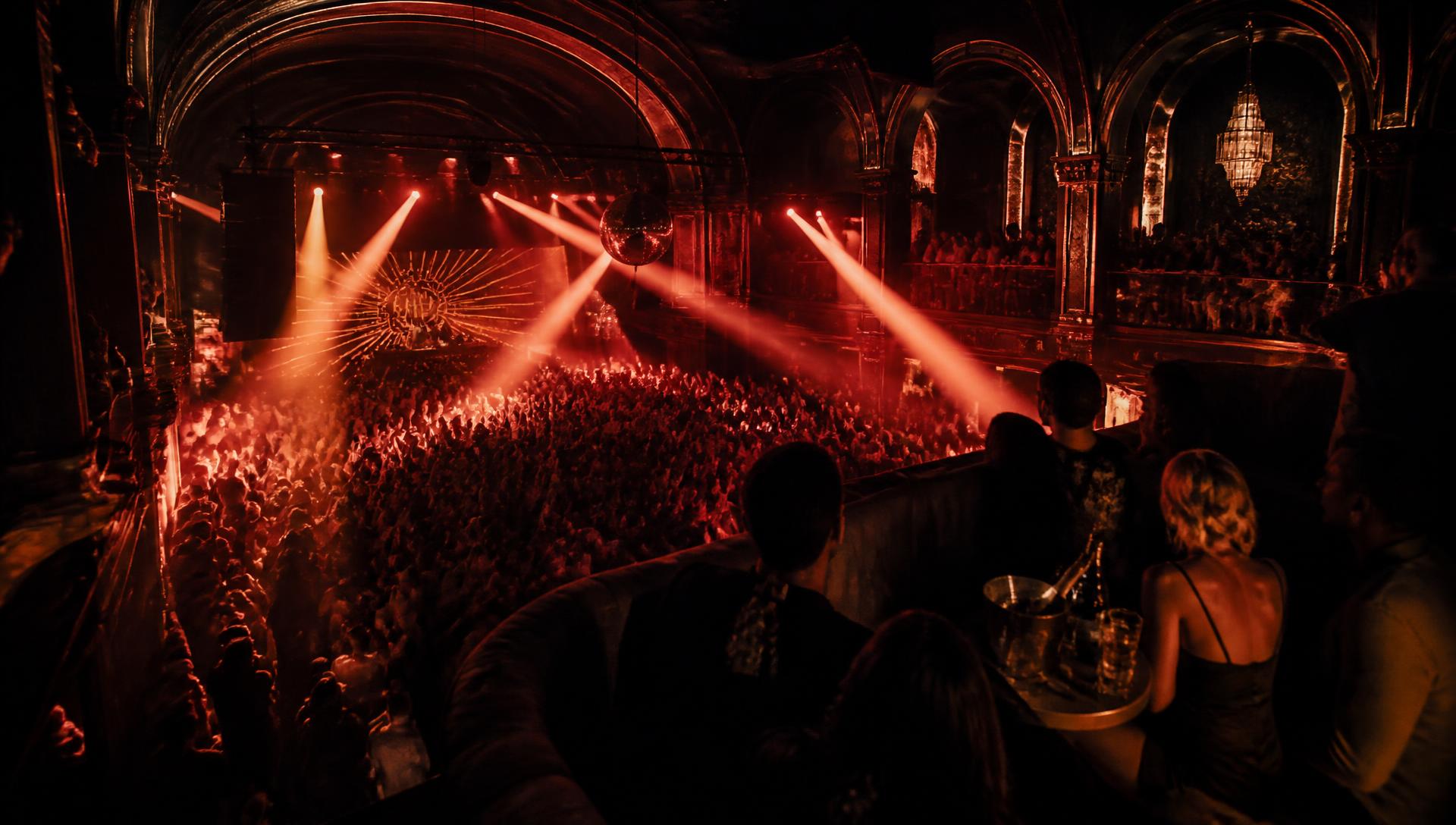 Crowded dance floor at 144 Temple seen from an elevated booth